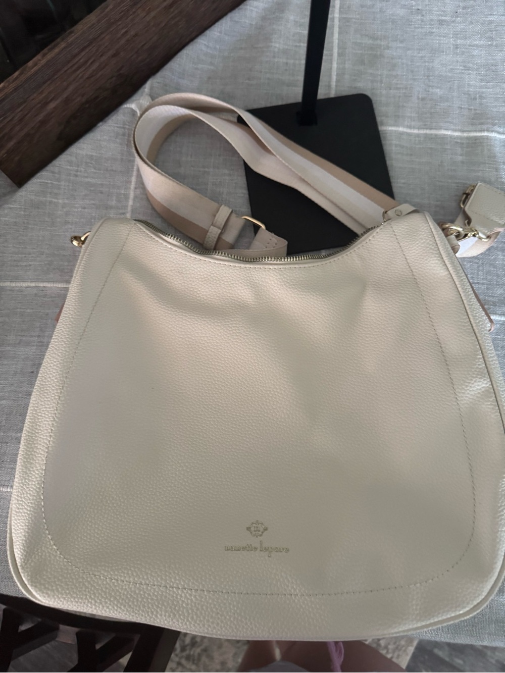 Marc Fisher Cream Pebbled Leather Shoulder Bag with Striped Strap